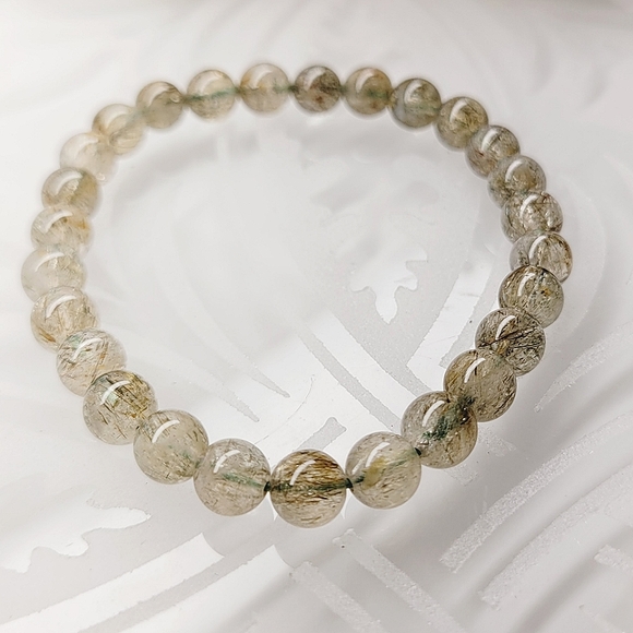 Natural Green Tourmaline Hair Rutilated Crystal Beads Stretch Bracelet Set - Picture 5 of 8